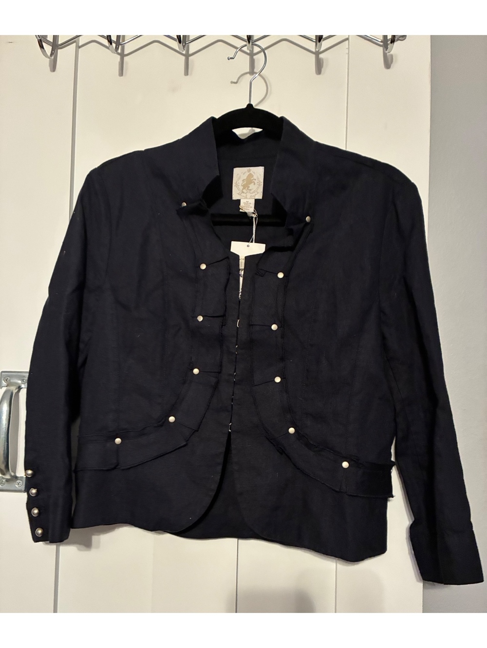 NWT Think Tank Black Linen Blend Military Ruffle Jacket Blazer Sz Medium $88